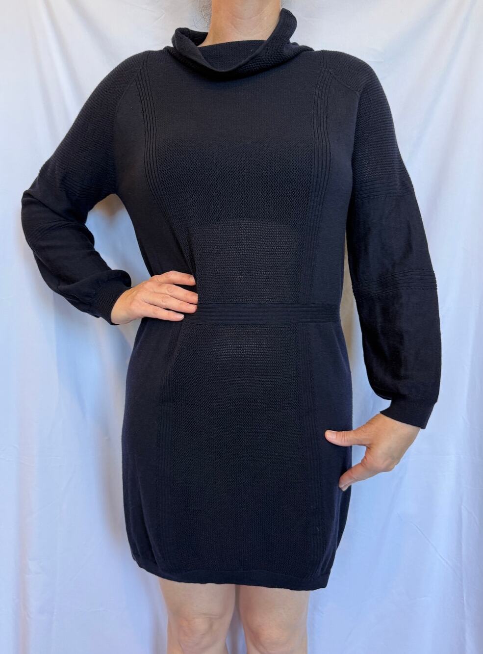 Tse Navy Blue Lightweight Wool Mini Sweater Dress, Funnel Neck, Oversized XS